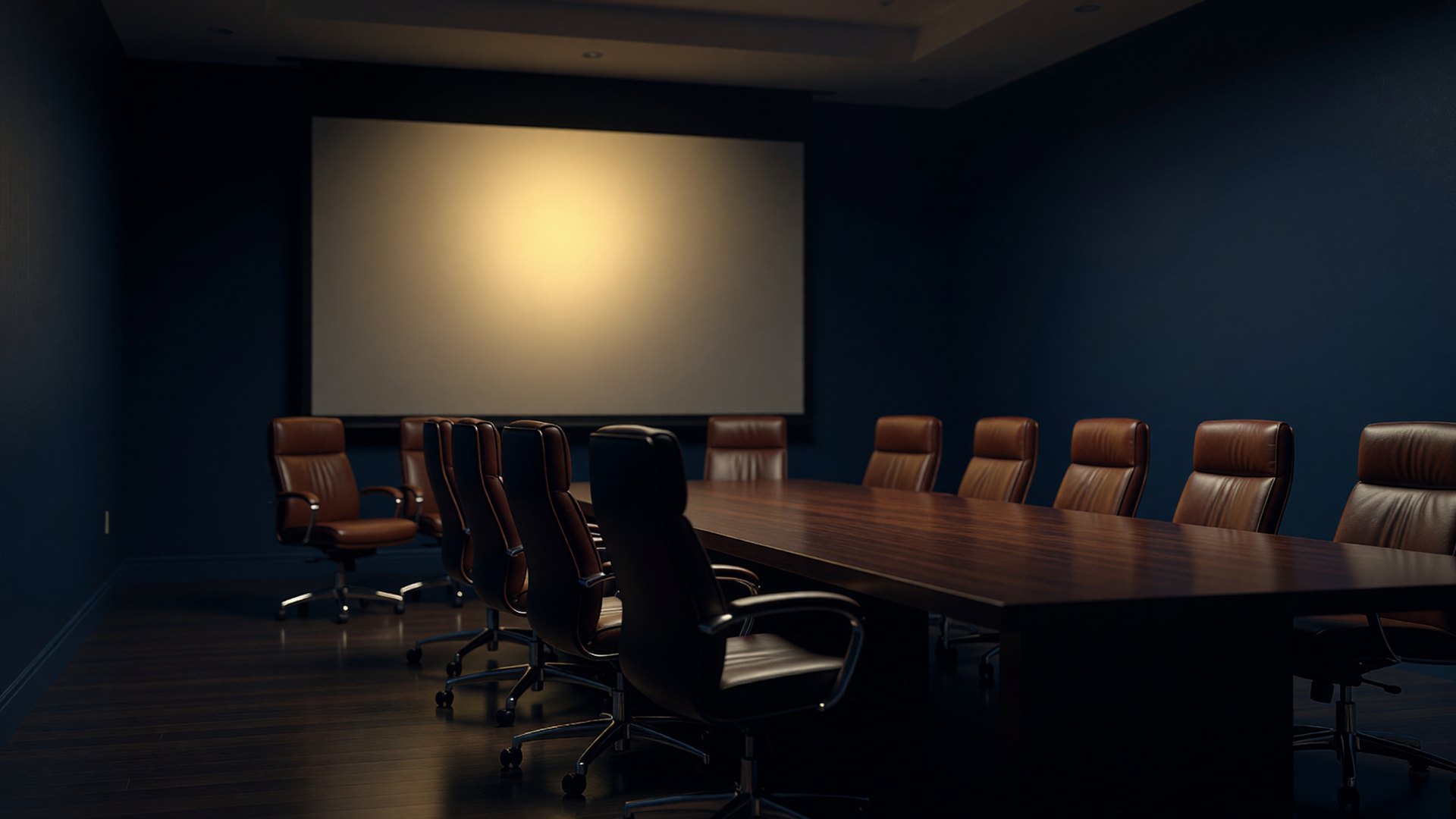 Empty film room with a blank screen and a long table, late afternoon light